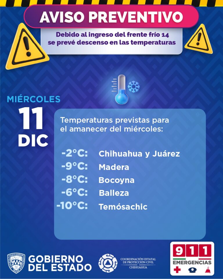 Emite Gobierno del Estado alerta por descenso de temperaturas y vientos para las próximas horas